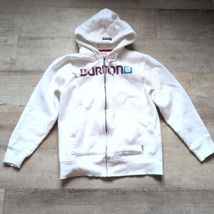 Mens Size M Burton White Zip Sweatshirt Zipper Down Hoodie Hood Spell Out